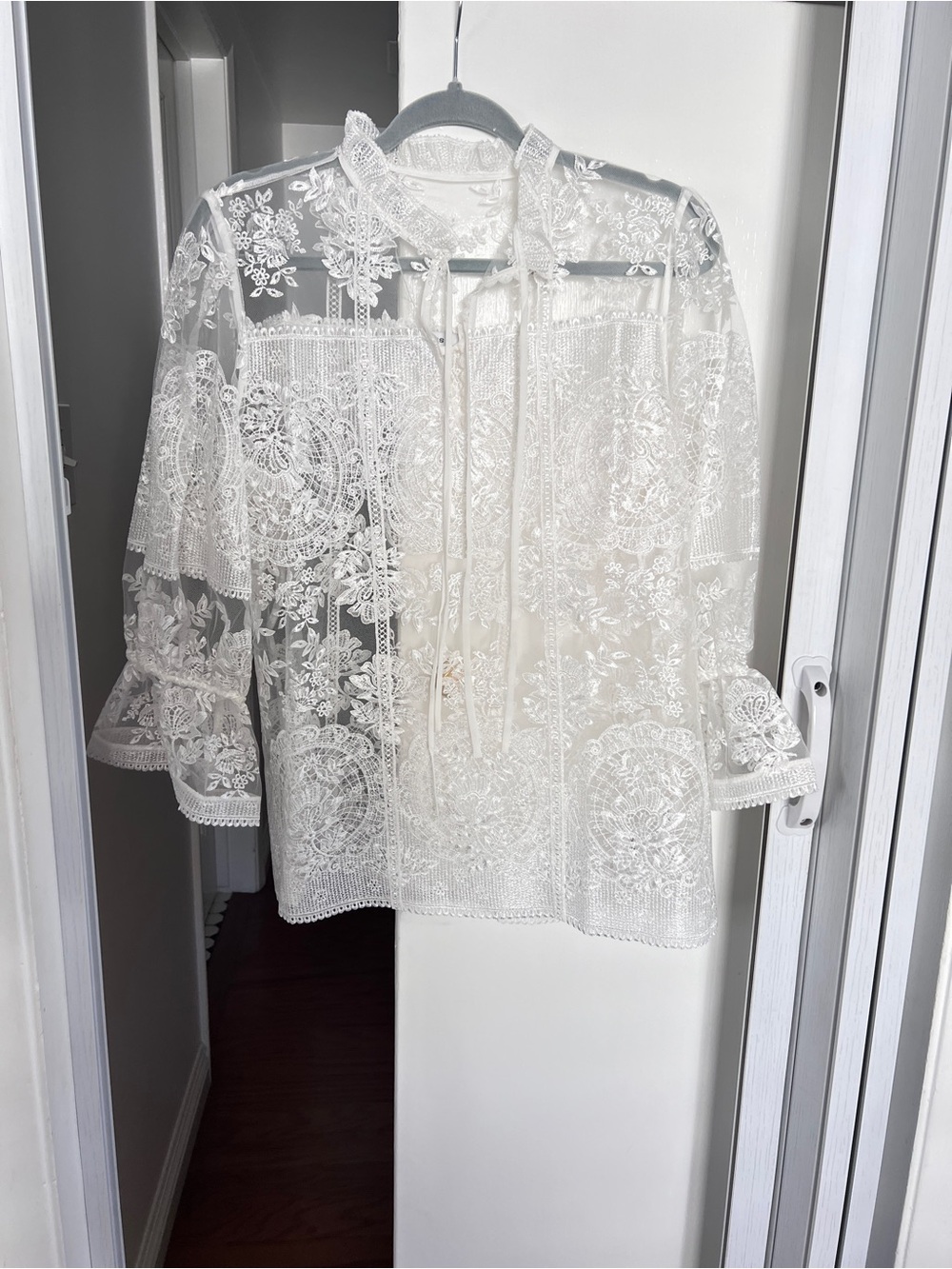 Reiss Ivory Demi Sheer Lace Tie-Neck Blouse, 2 4 6 8 - Picture 6 of 12
